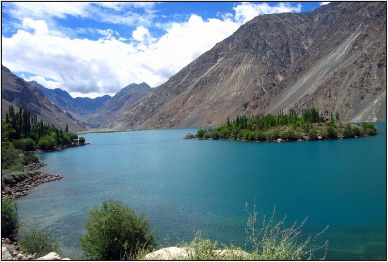 Blue Lake in Mountains — Serene, Afternoon, Photograph, Trees, Island