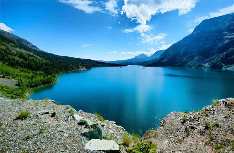 Blue Lake in Mountains — Serene, Afternoon, Photograph, Trees, Sky