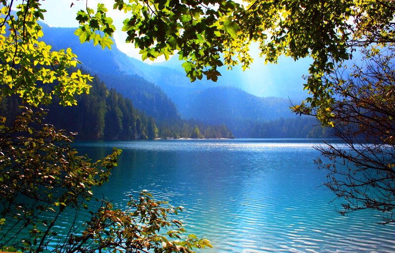 Blue Lake in Mountains — Serene, Afternoon, Photograph, Trees, Sunlight