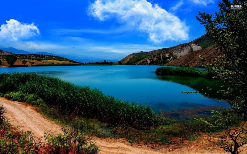 Blue Lake in Valley — Serene, Afternoon, Photograph, Mountains, Clouds