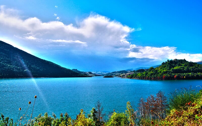 Blue Lake in Valley — Serene, Afternoon, Photograph, Mountains, Trees, Clouds