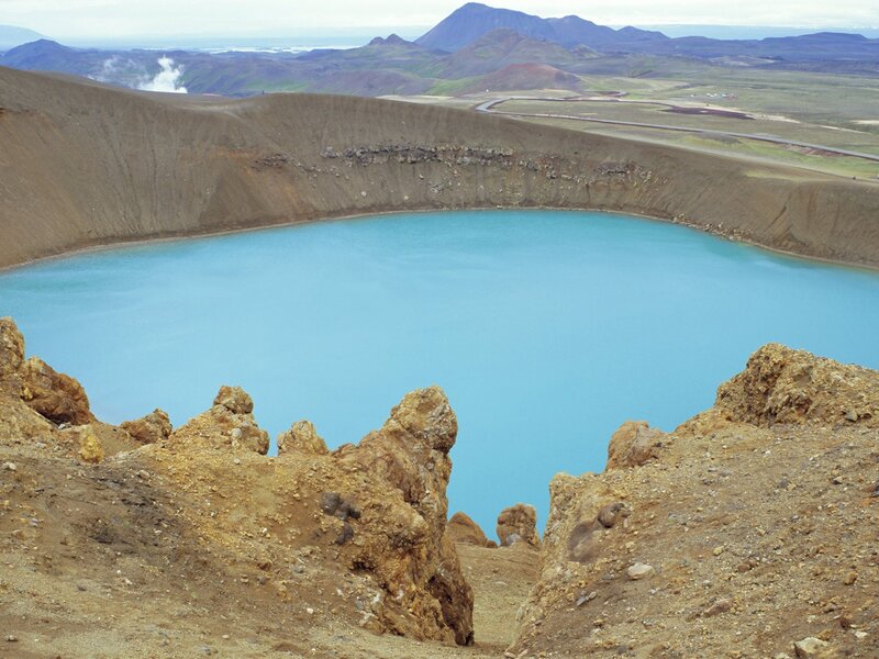 Blue lake in volcanic crater