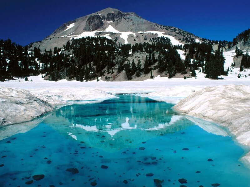 Blue lake near snow-capped mountain
