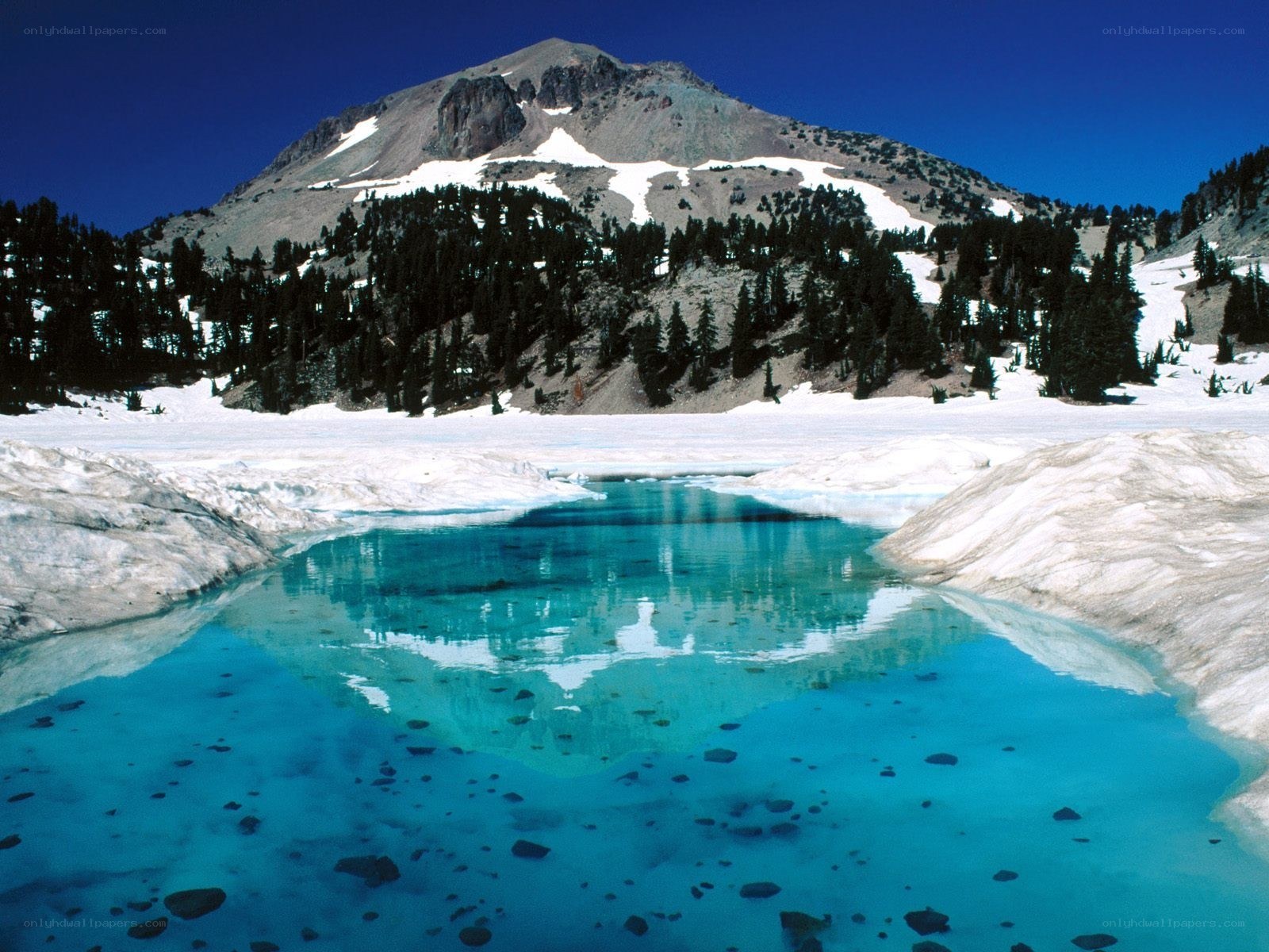 Blue lake near snow-capped mountain