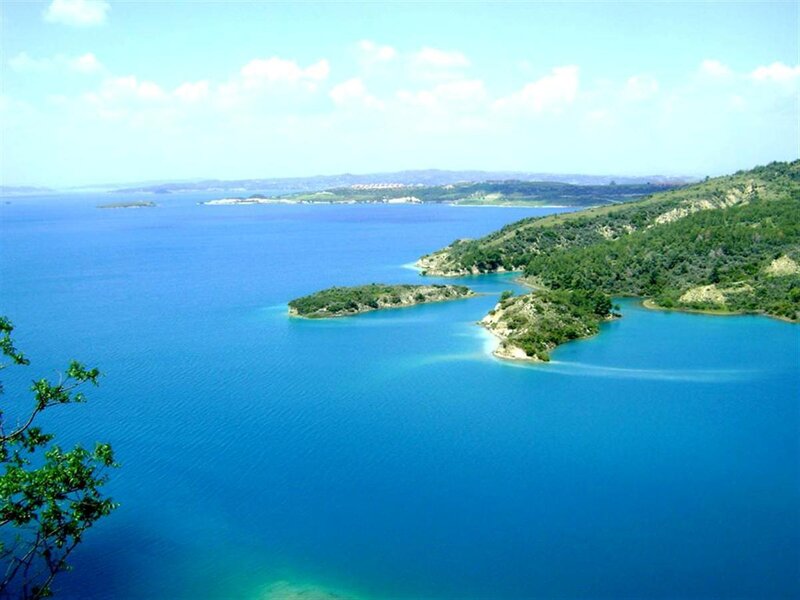 blue lake with islands