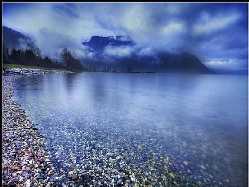 Blue lake with mountain backdrop