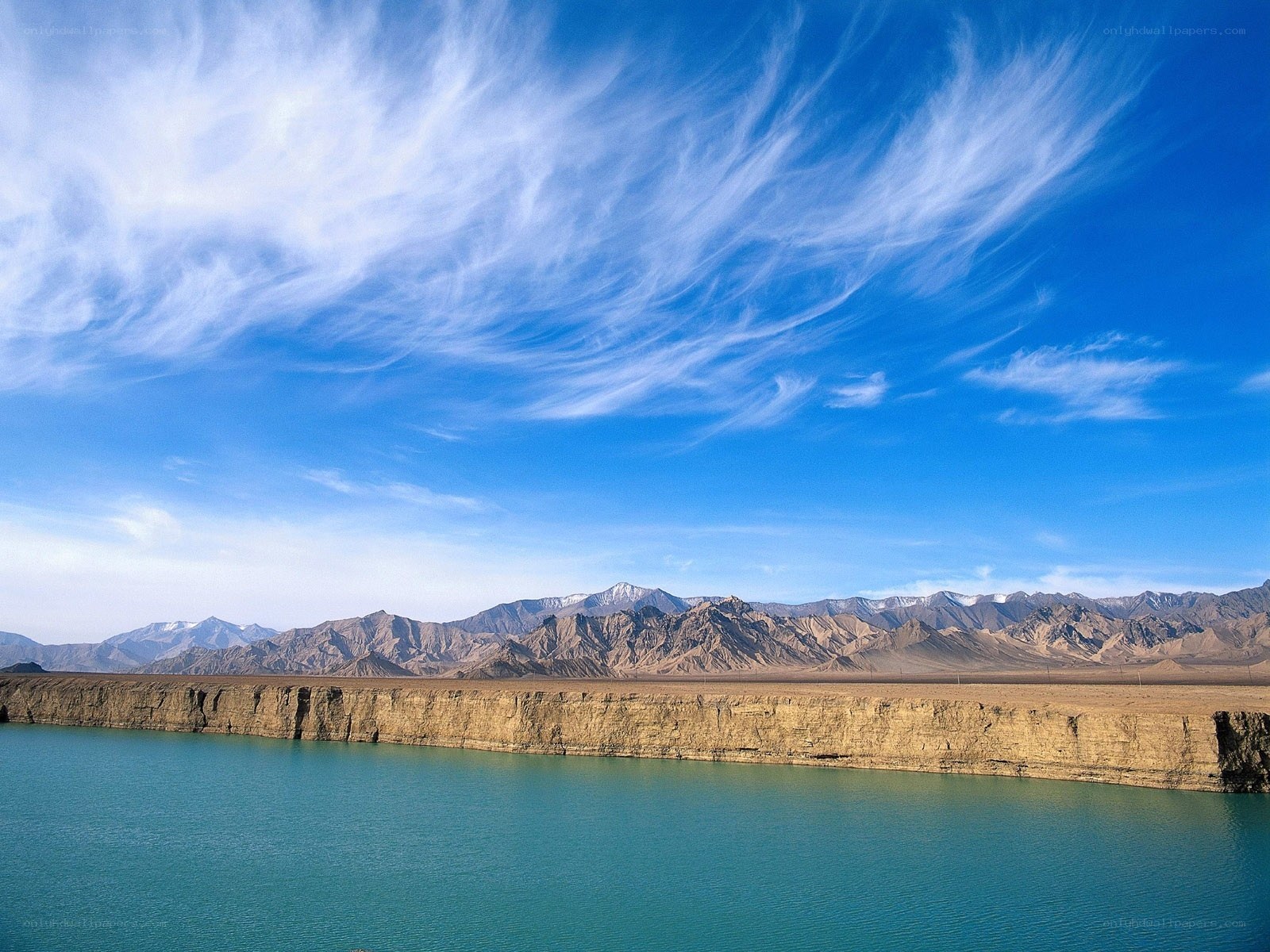 Blue lake with mountains and clouds