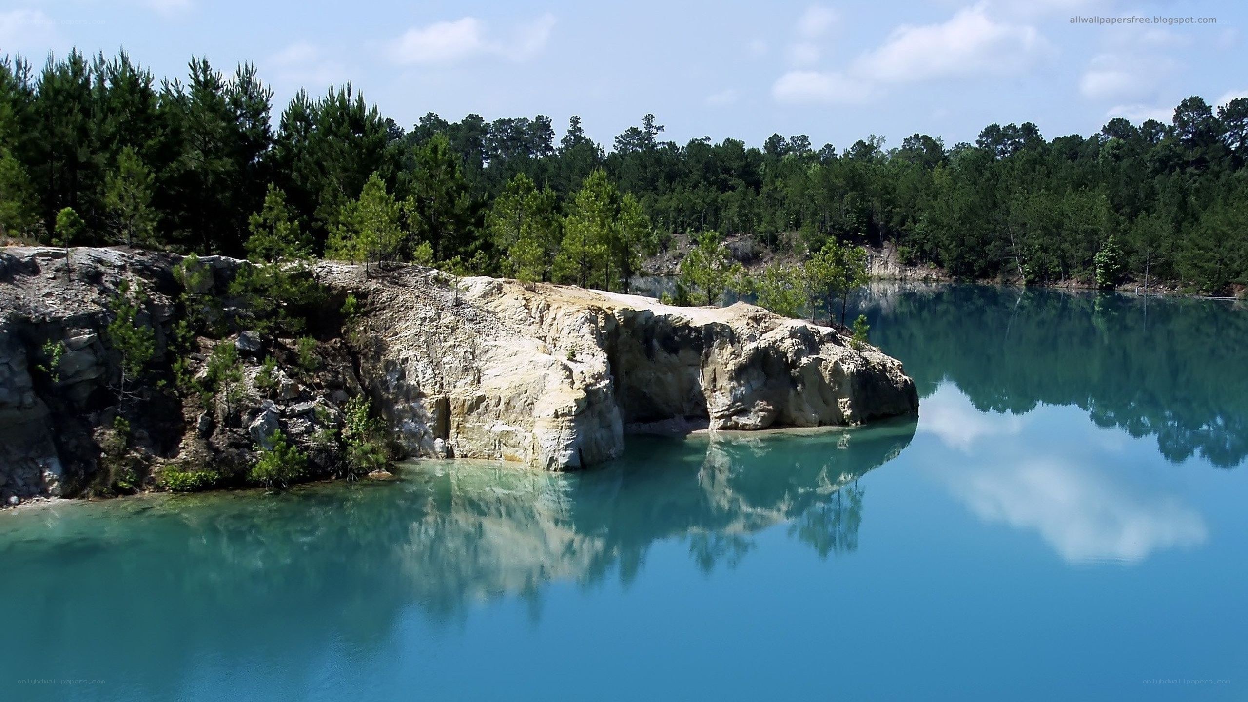 Blue lake with rocky cliff