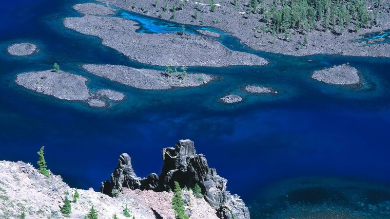 Blue lake with volcanic islands