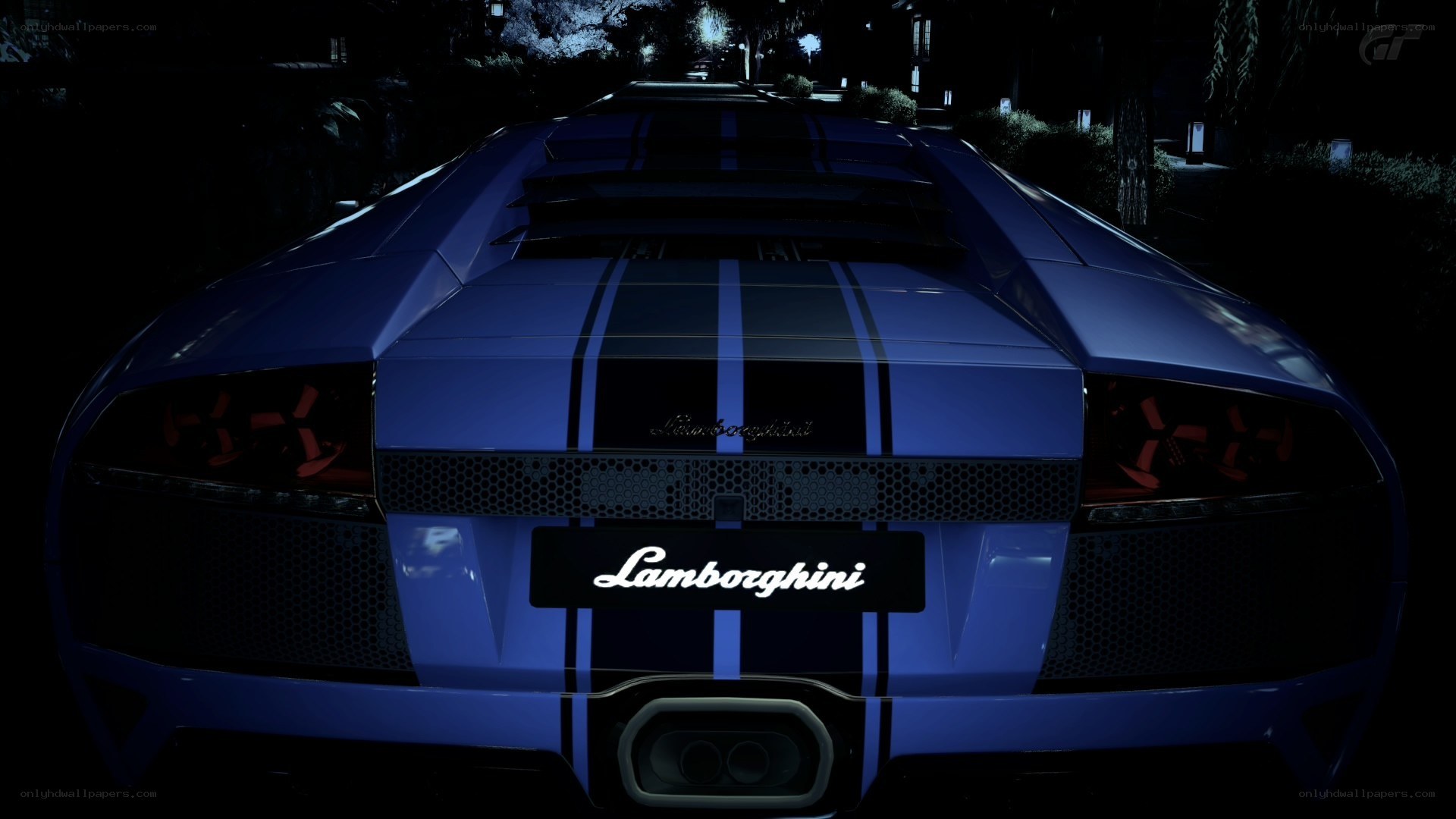 Blue Lamborghini at night