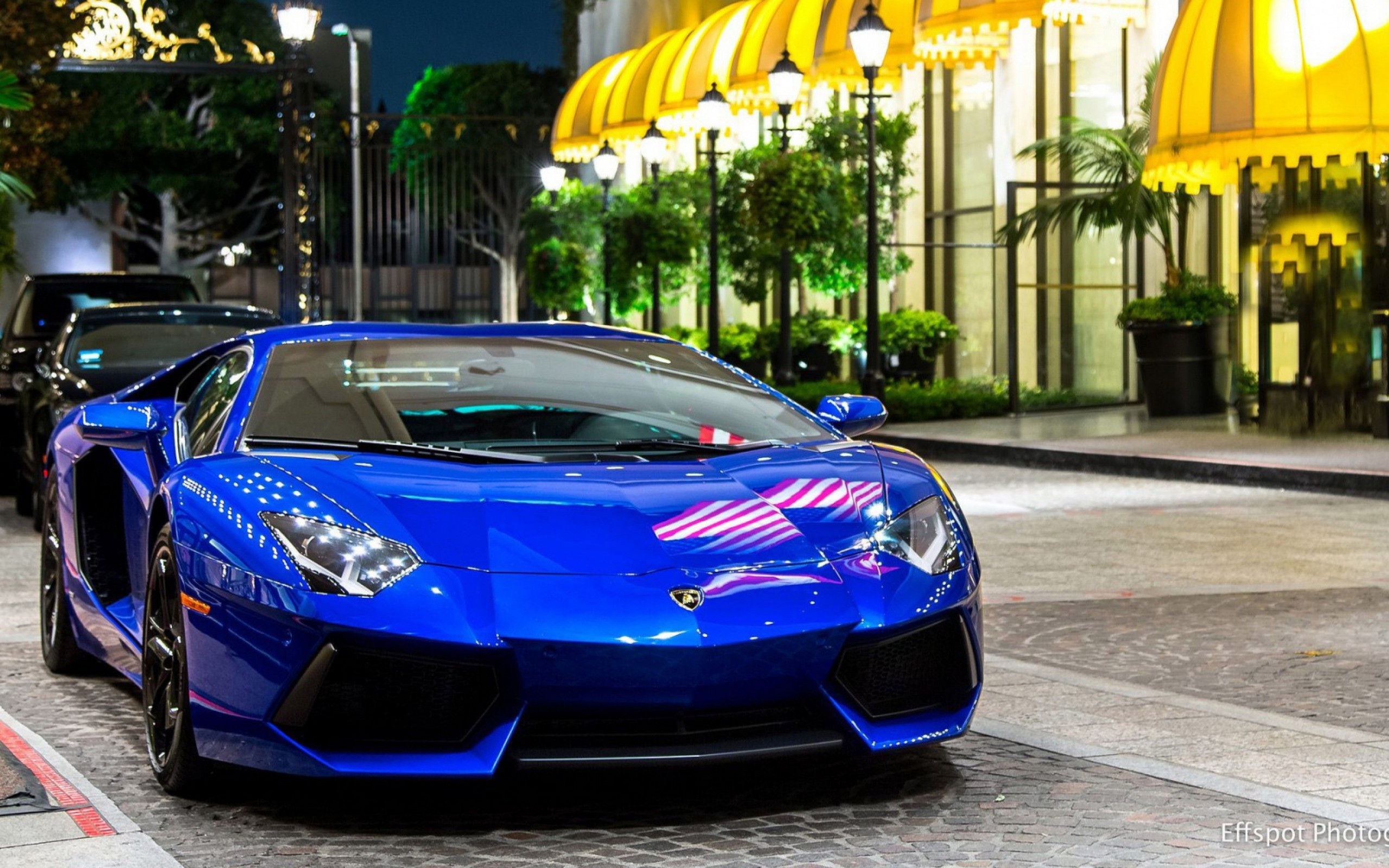Blue Lamborghini at night