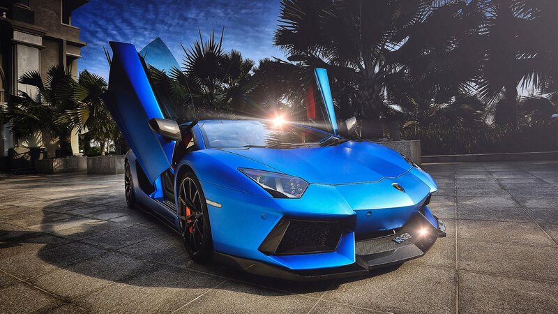 Blue Lamborghini Aventador — Dramatic, Sunset