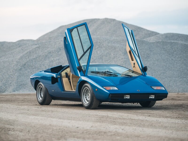 Blue Lamborghini Countach — Dramatic, Photograph, Mountains