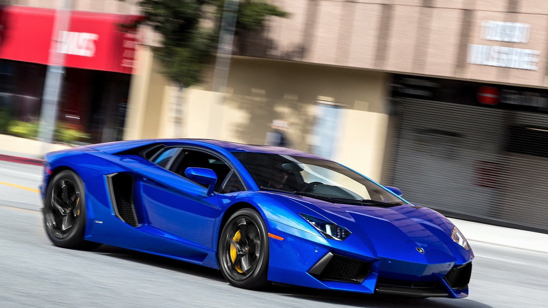 blue lamborghini driving on street