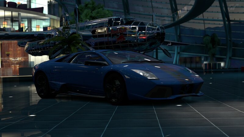 Blue Lamborghini in a modern lobby