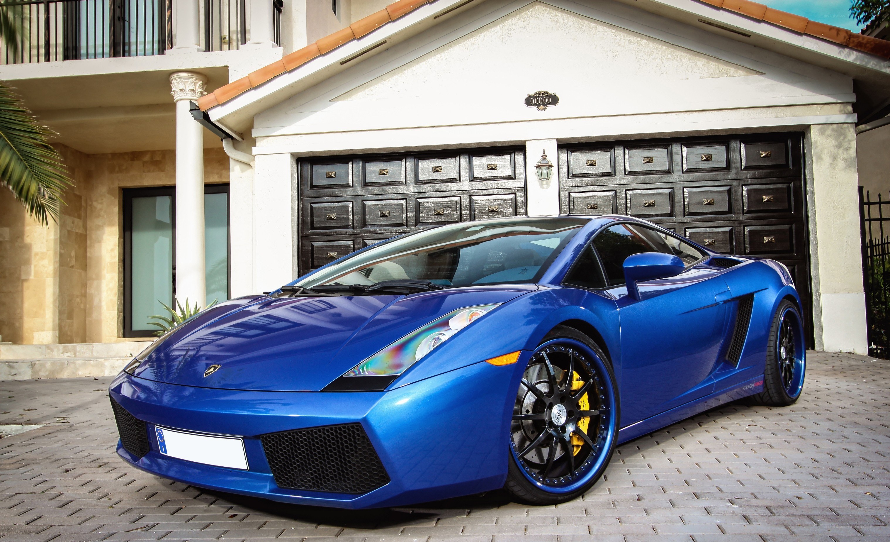 Blue Lamborghini in driveway