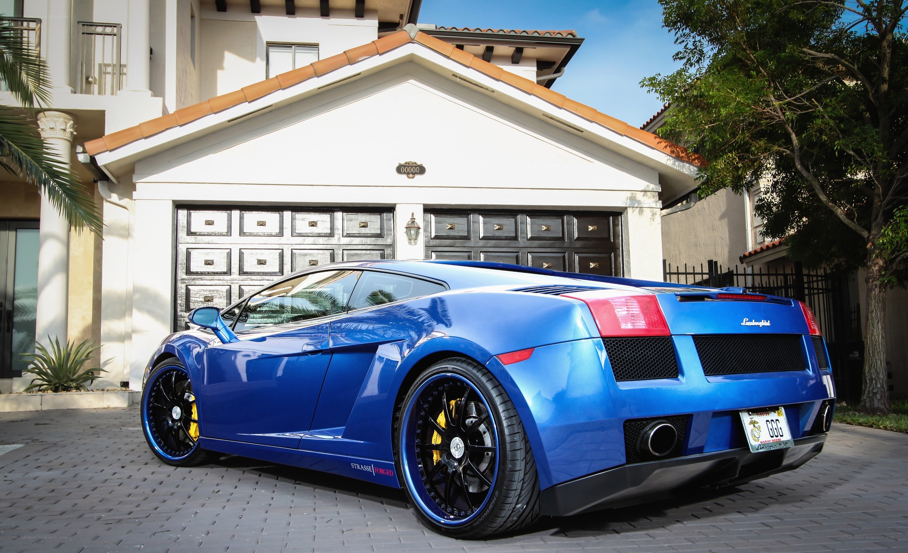 Blue Lamborghini in driveway