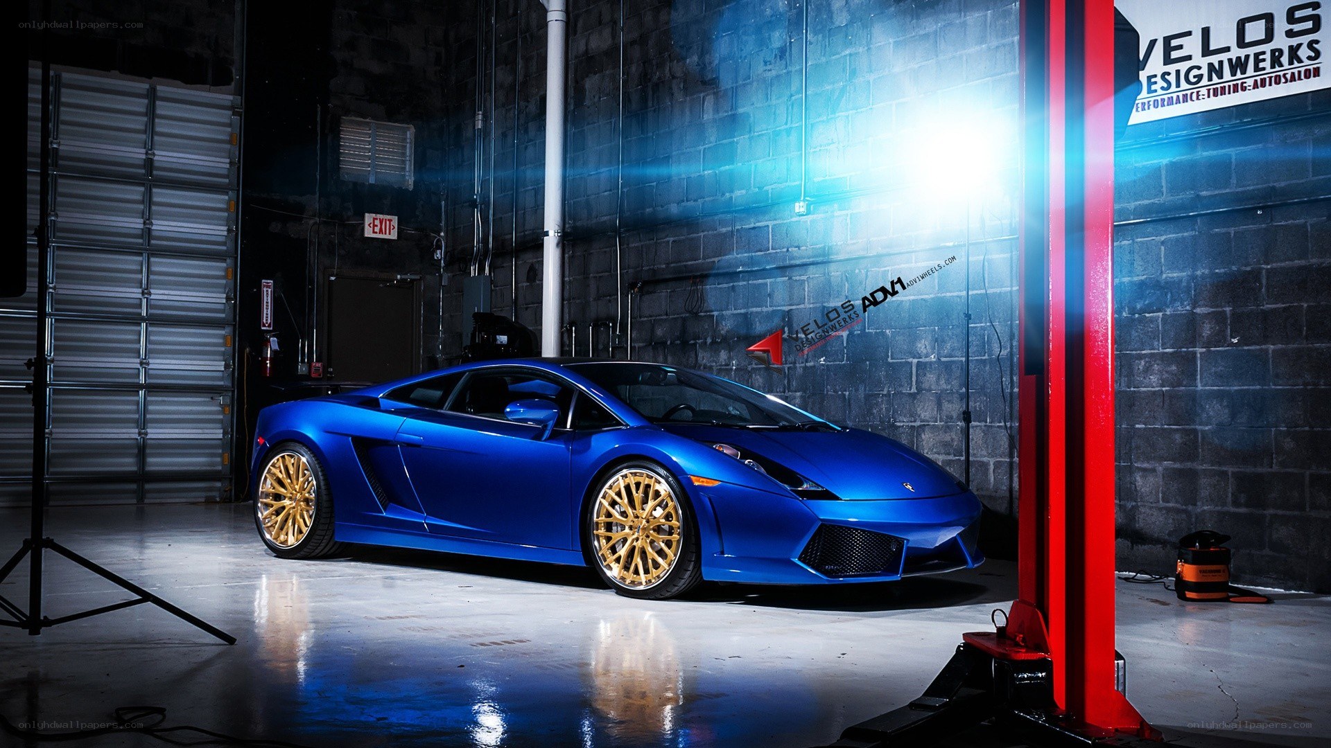 Blue Lamborghini in garage