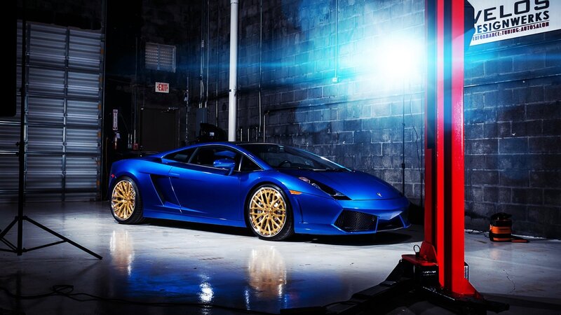 Blue Lamborghini in garage