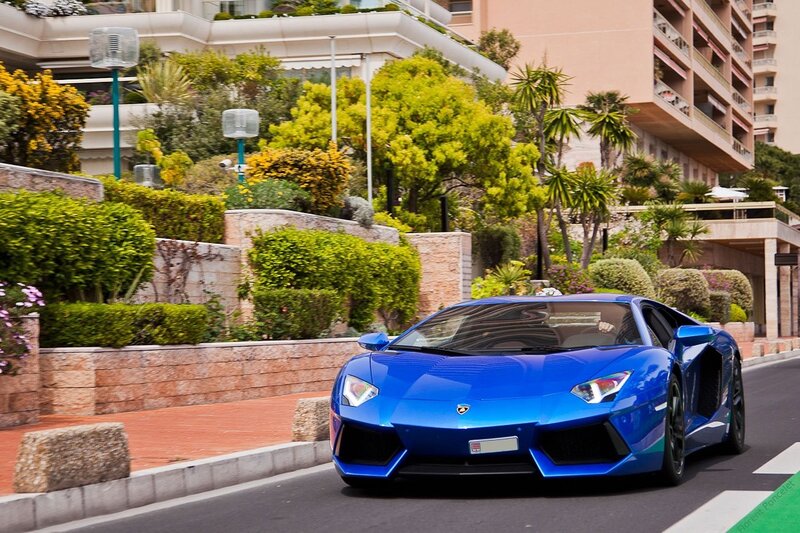 Blue Lamborghini on a city street