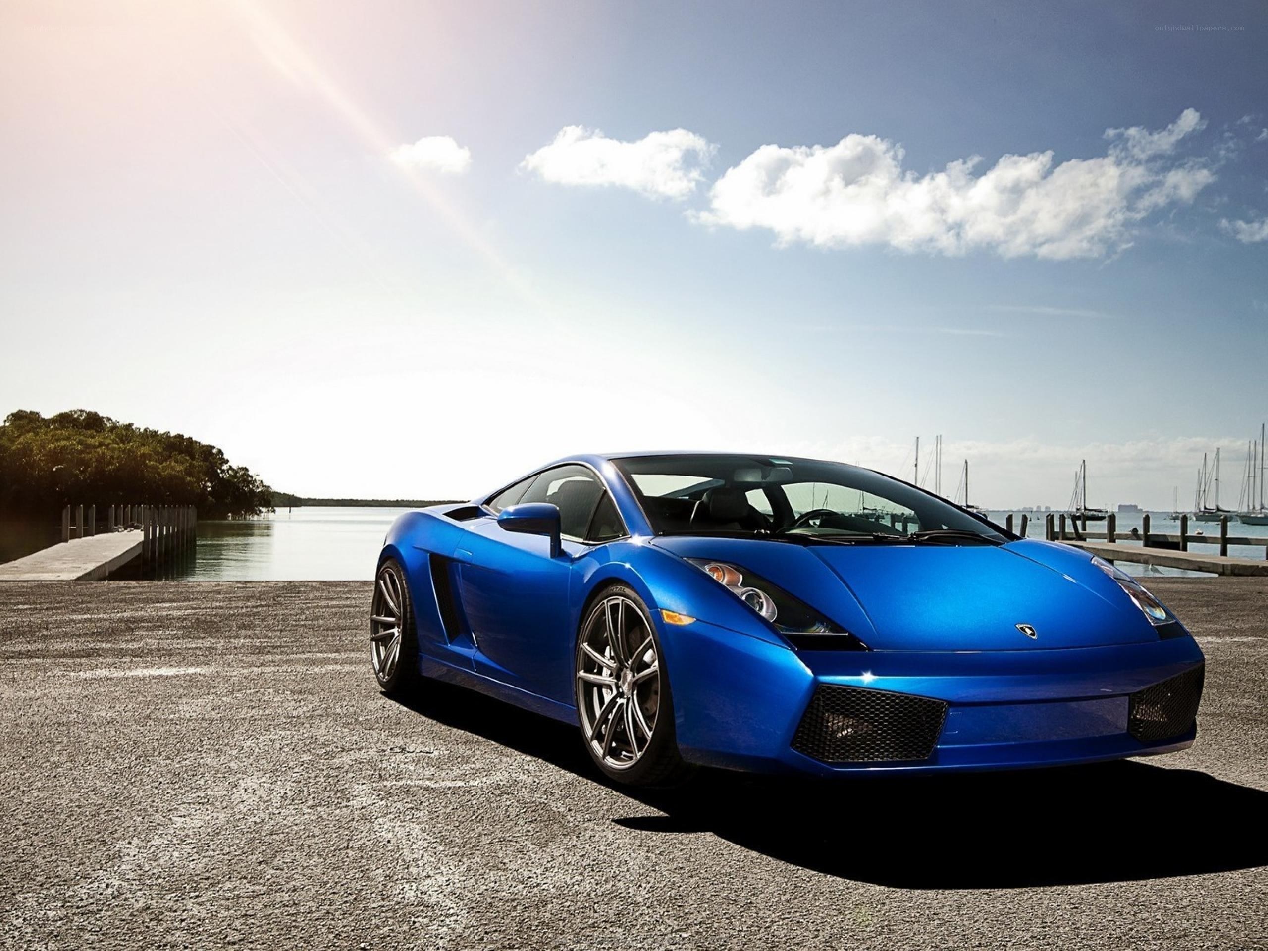 Blue Lamborghini on a dock