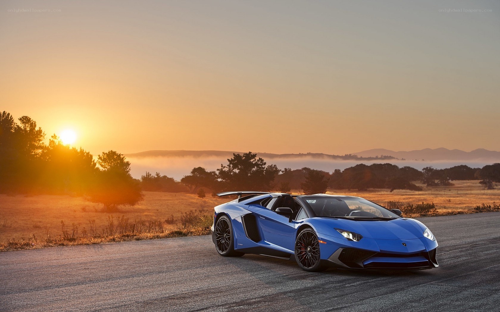 Blue Lamborghini on a road at sunset