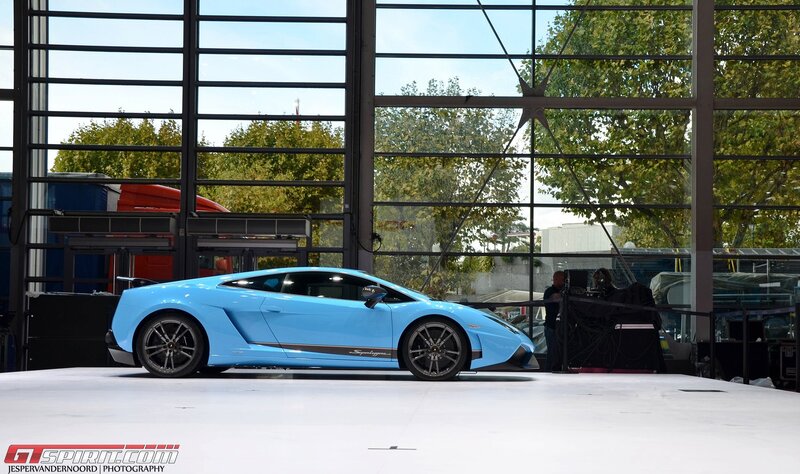 Blue Lamborghini on display
