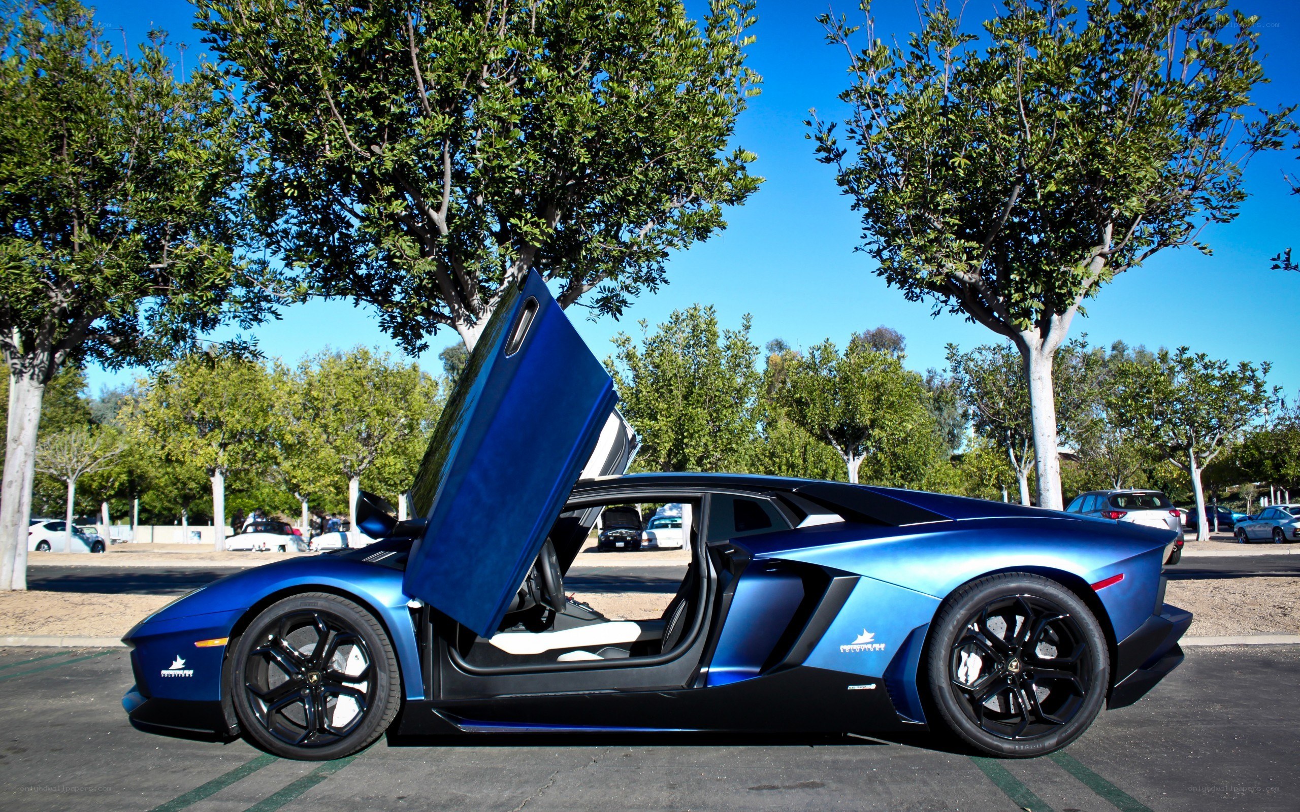 blue lamborghini with doors open