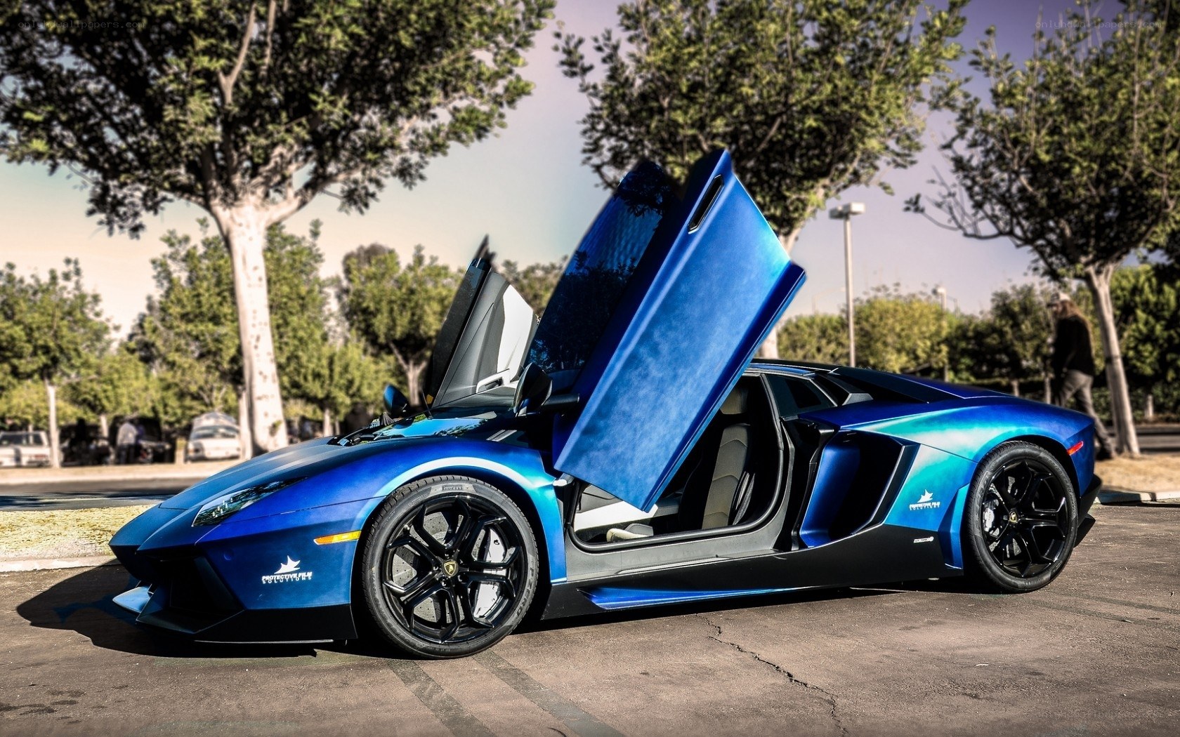 Blue Lamborghini with doors open