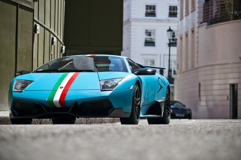 Blue Lamborghini with Italian flag stripes