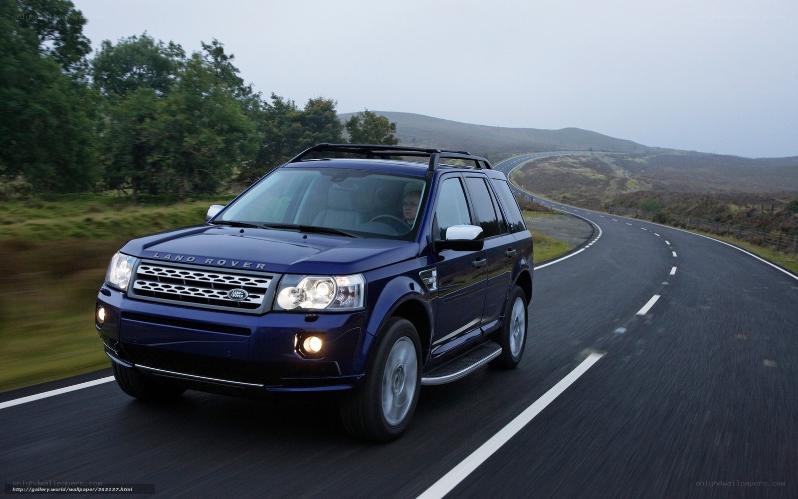 blue land rover driving on road