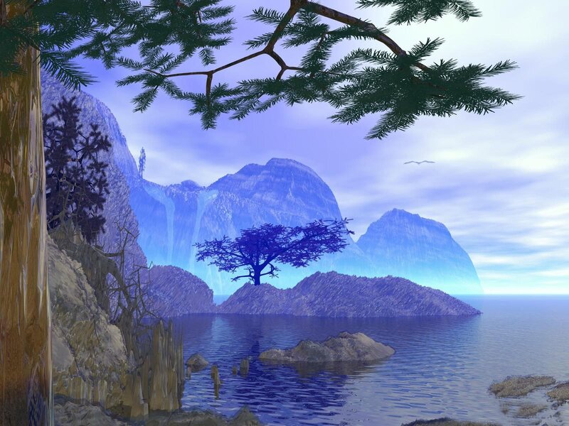 Blue landscape with mountains and sea