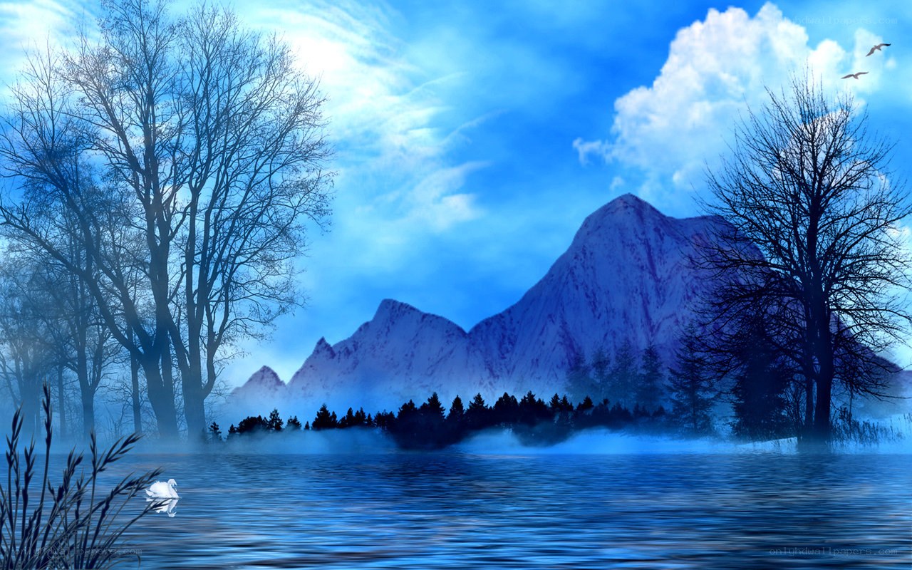 Blue landscape with swan