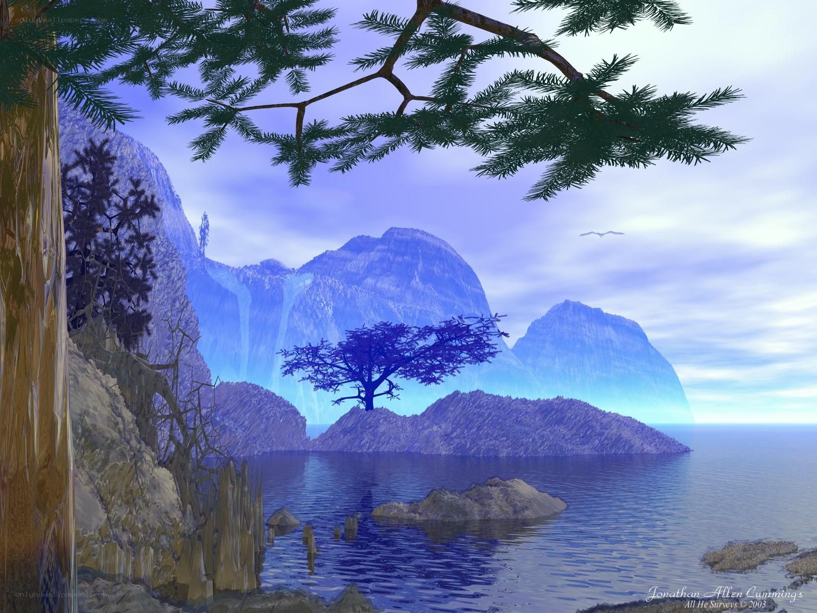 Blue landscape with tree and mountains