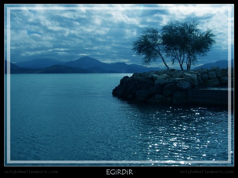 Blue landscape with trees and water