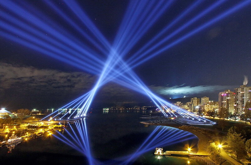 Blue laser lights over a city