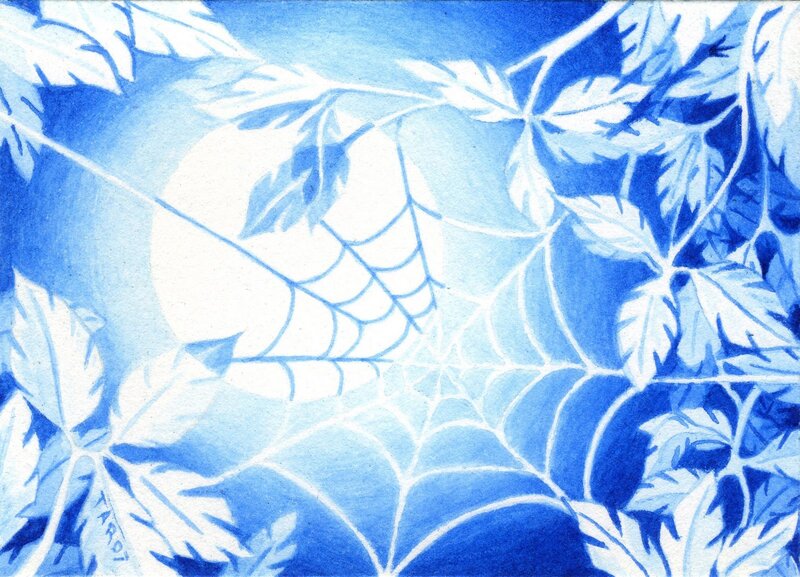 Blue leaf and spiderweb design