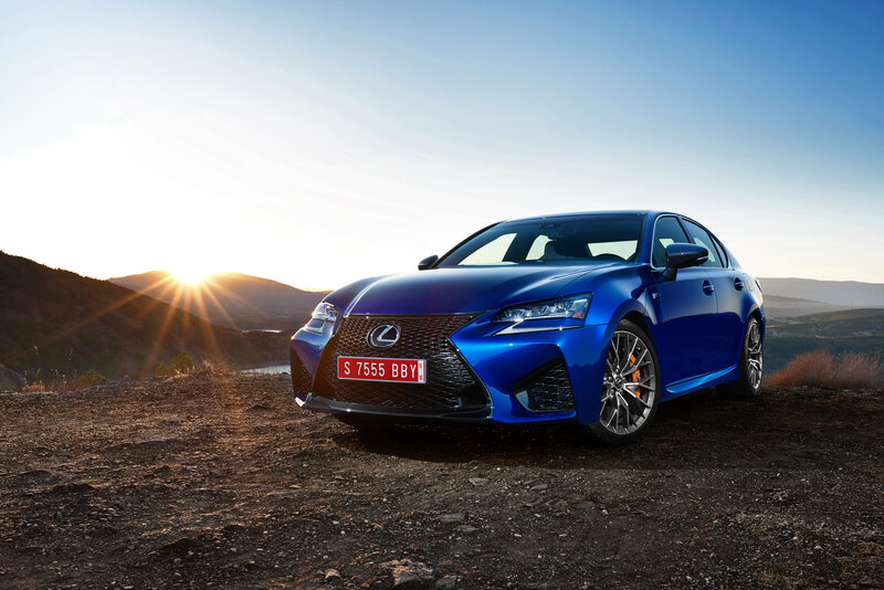 Blue Lexus GS F on a hillside