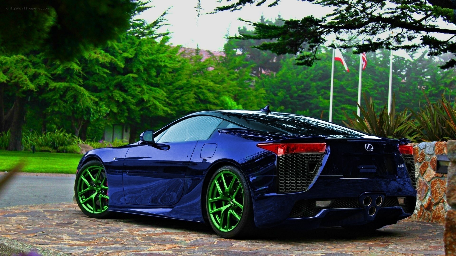 Blue Lexus LFA with green wheels