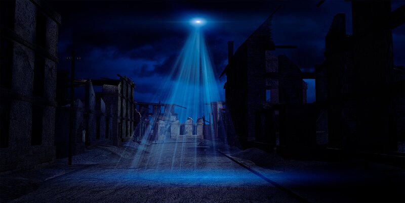 blue light in ruined alley