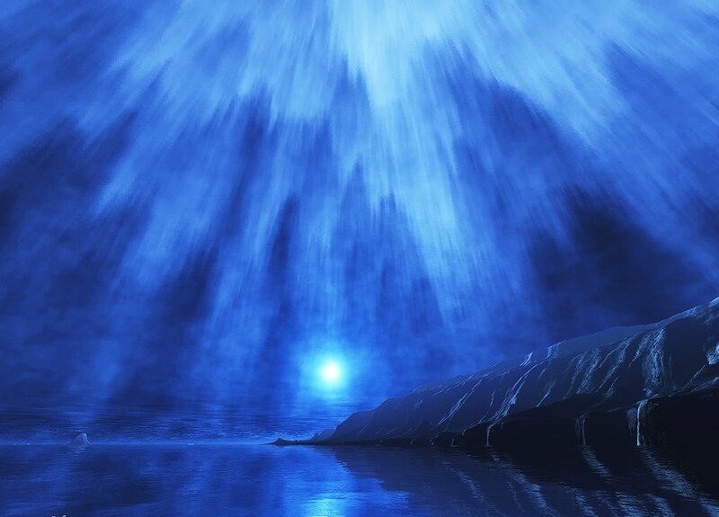 Blue light over icy landscape