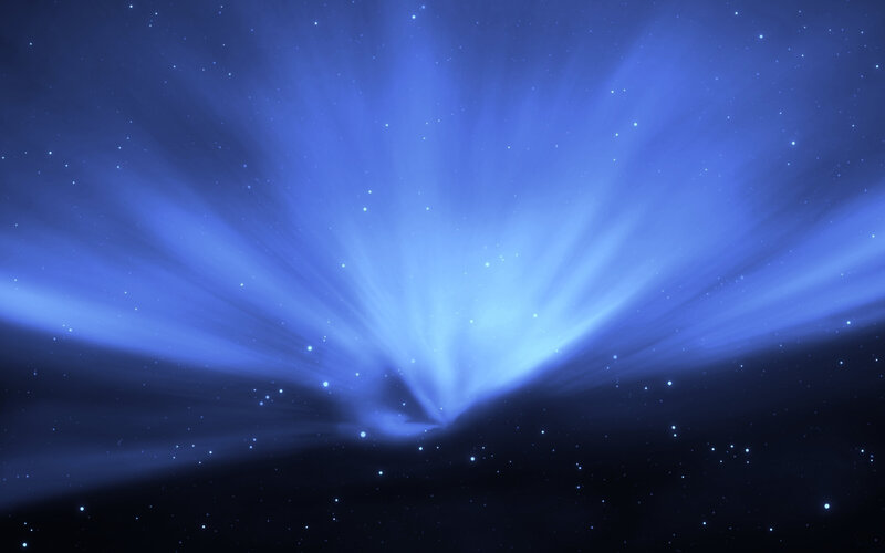 Blue Light Rays in Space — Serene, Night, Digital Art, Stars, Light Beams, Black