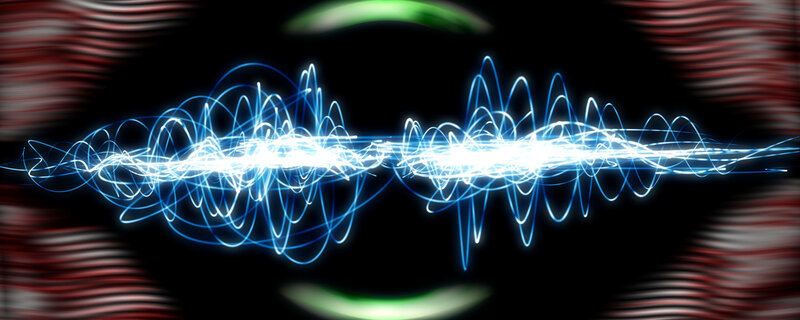 Blue Light Waves — Black, Dynamic, Abstract, Red Stripes, Green Glow
