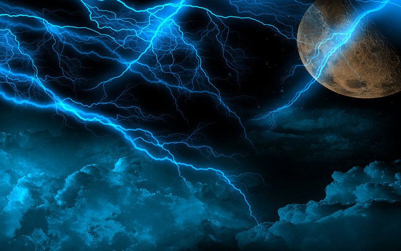 Blue lightning storm over moon