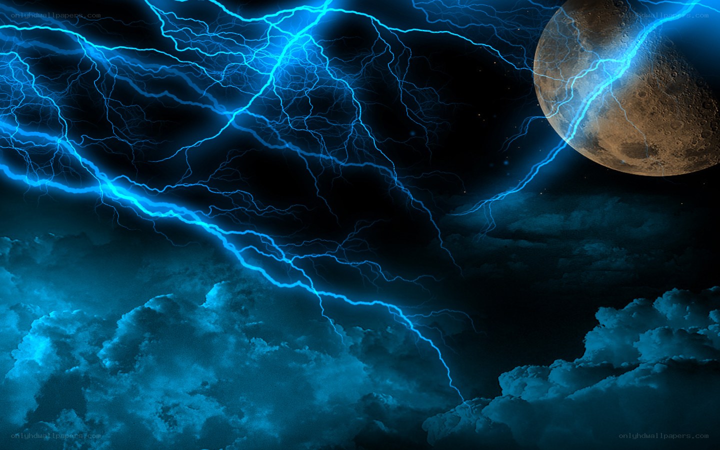 Blue lightning storm over moon