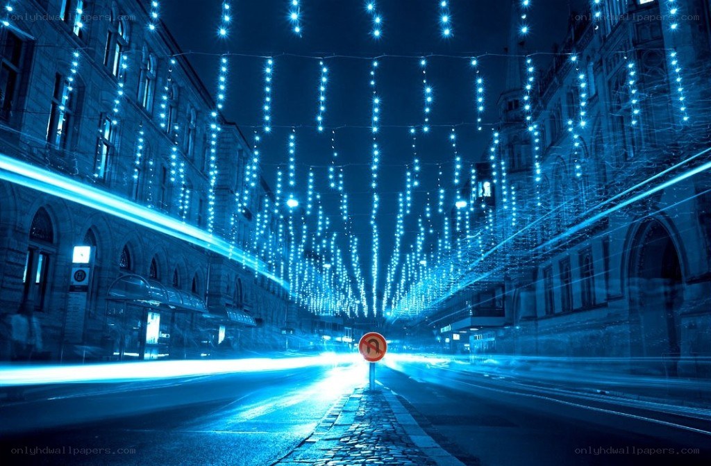 Blue lights on city street
