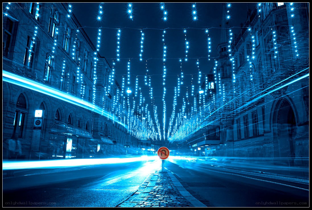 Blue lights on city street