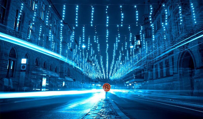 Blue lights on city street