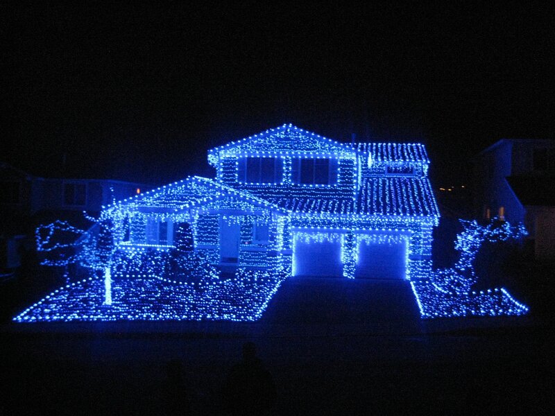 Blue lights on house at night