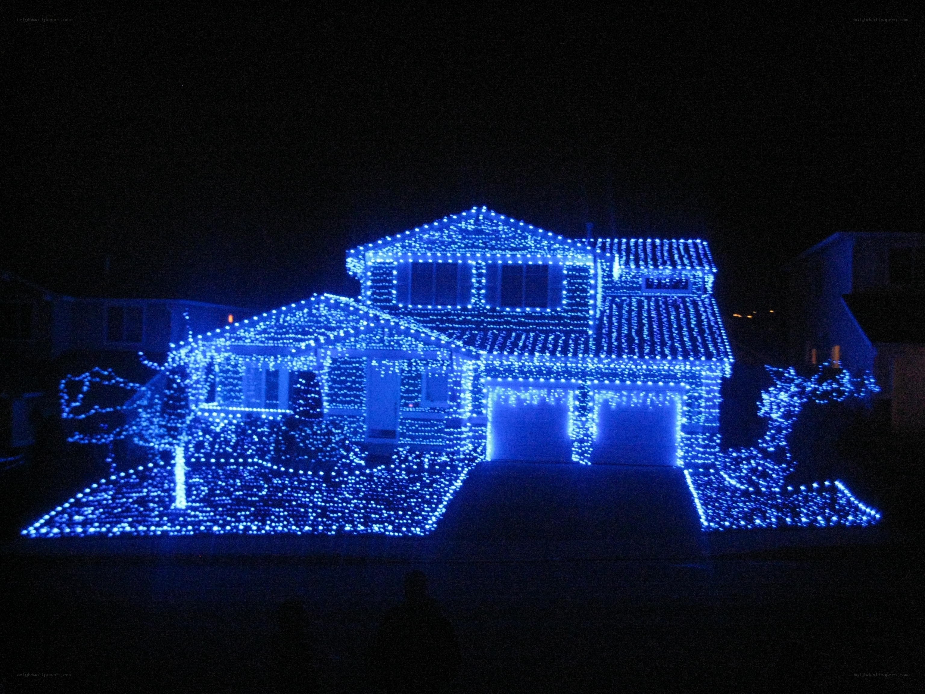 Blue lights on house at night